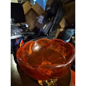 VINTAGE VIKING GLASS COMPOTE – ORIGINAL LABEL - AMBERINA RED ORANGE - LARGE